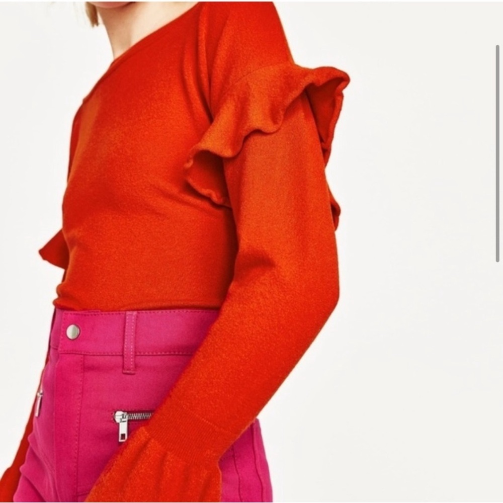 Zara Women’s Red Orange Bell Sleeves Ruffle Knit Long Sleeve Flounce Sweater - Picture 6 of 15